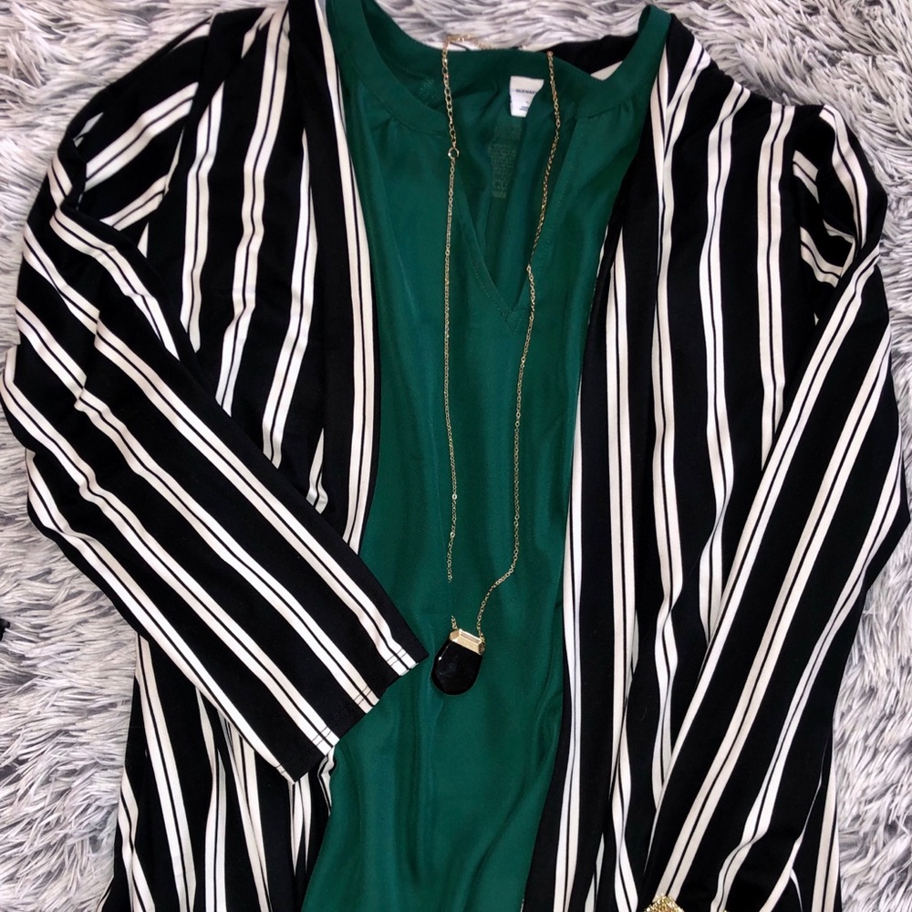 Black and White Striped Long Kimono